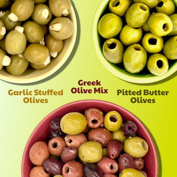 Healthy Olive Bundle: Butter, Garlic Stuffed & Greek Flavors